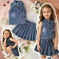 thumbnail image 2 of Huowey Style Girls Denim Outfit Ruffled Floral Button Down Tank Top High Waist Pleated Skirt Fashionable Summer Cozy Breathable Two Piece Clothing Set Spring Fall Clothes,Navy,6-7 Years, 2 of 4