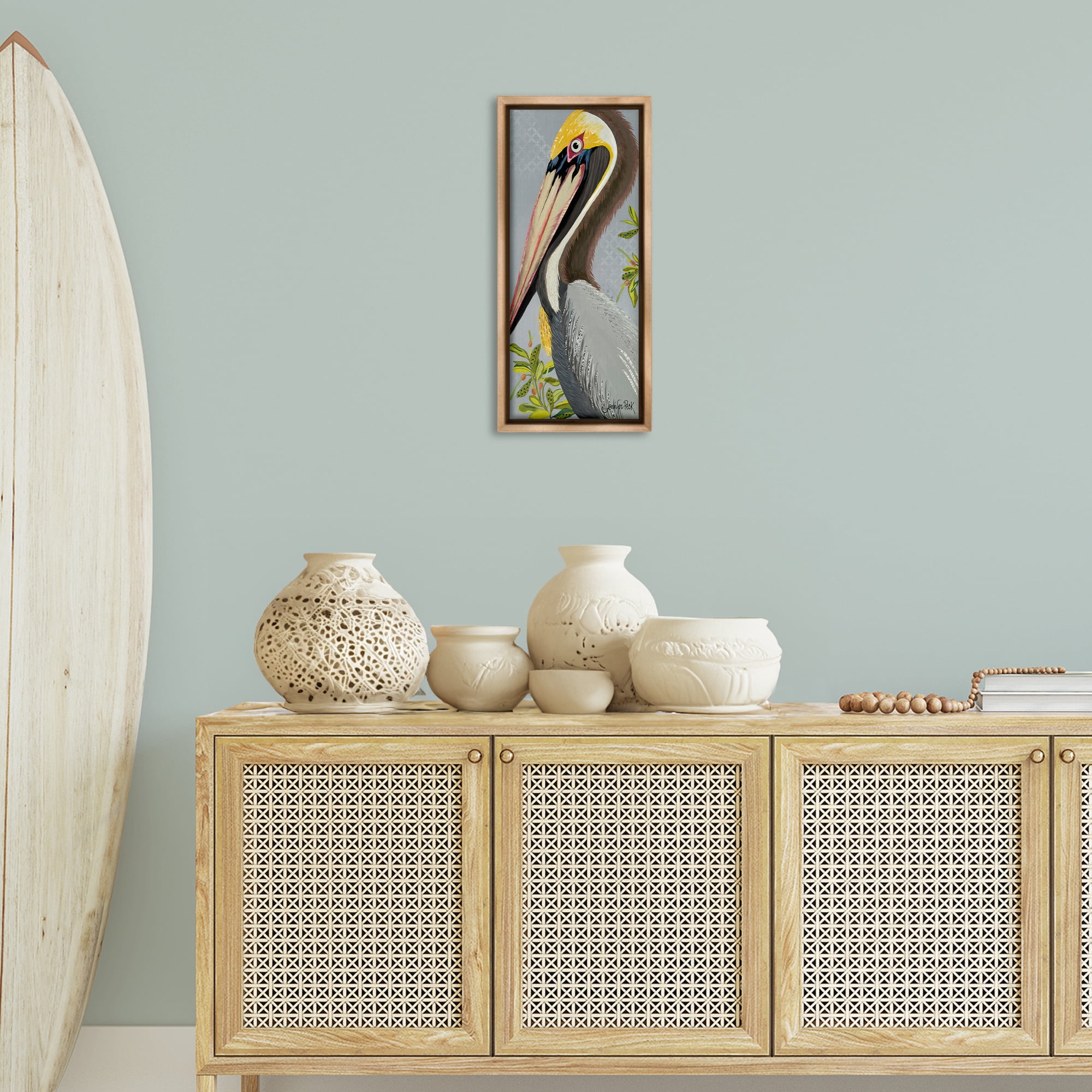 Stupell Industries Pelican on Grey Animals & Insects Painting Brown Floater Framed Canvas Art Print Wall Art, 11 x 25