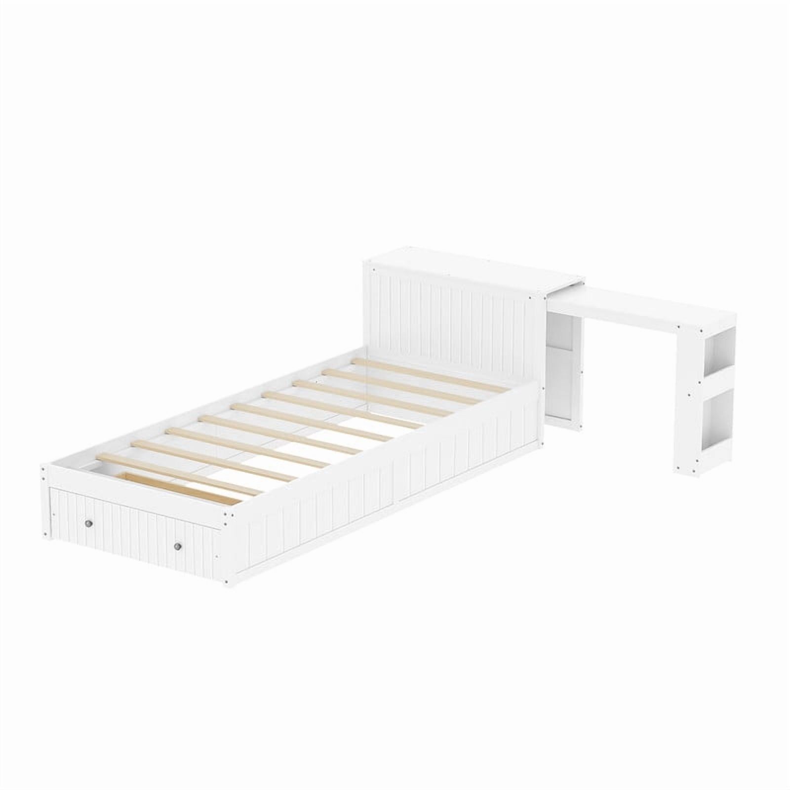 Twin Size Platform Bed with Pull-Out Hidden Desk, Wood Storage Bed Frame with Headboard Shelving & Footboard Drawer