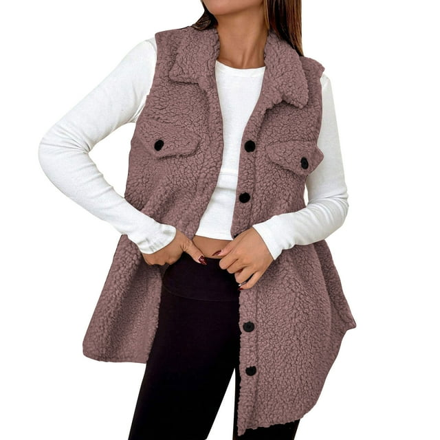 Plebaso Veste Sans Manches en Molleton Duveteux pour Femmes, Boutonnée, Veste à Col Décontractée et Chaude pour Femmes