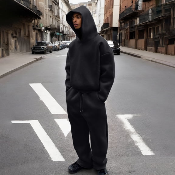 Men's Casual Solid Two Piece Hooded Sports Suit Polyester Slim Fit for Multiple Occasions