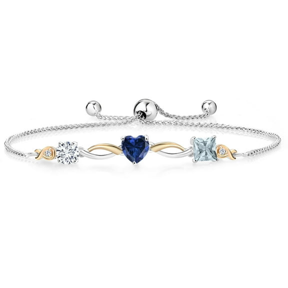 Gem Stone King Keren Hanan 1.80 Ct E-F Lab Grown Diamond Blue Created Sapphire 925 Silver and 10K Yellow Gold Bracelet for Women