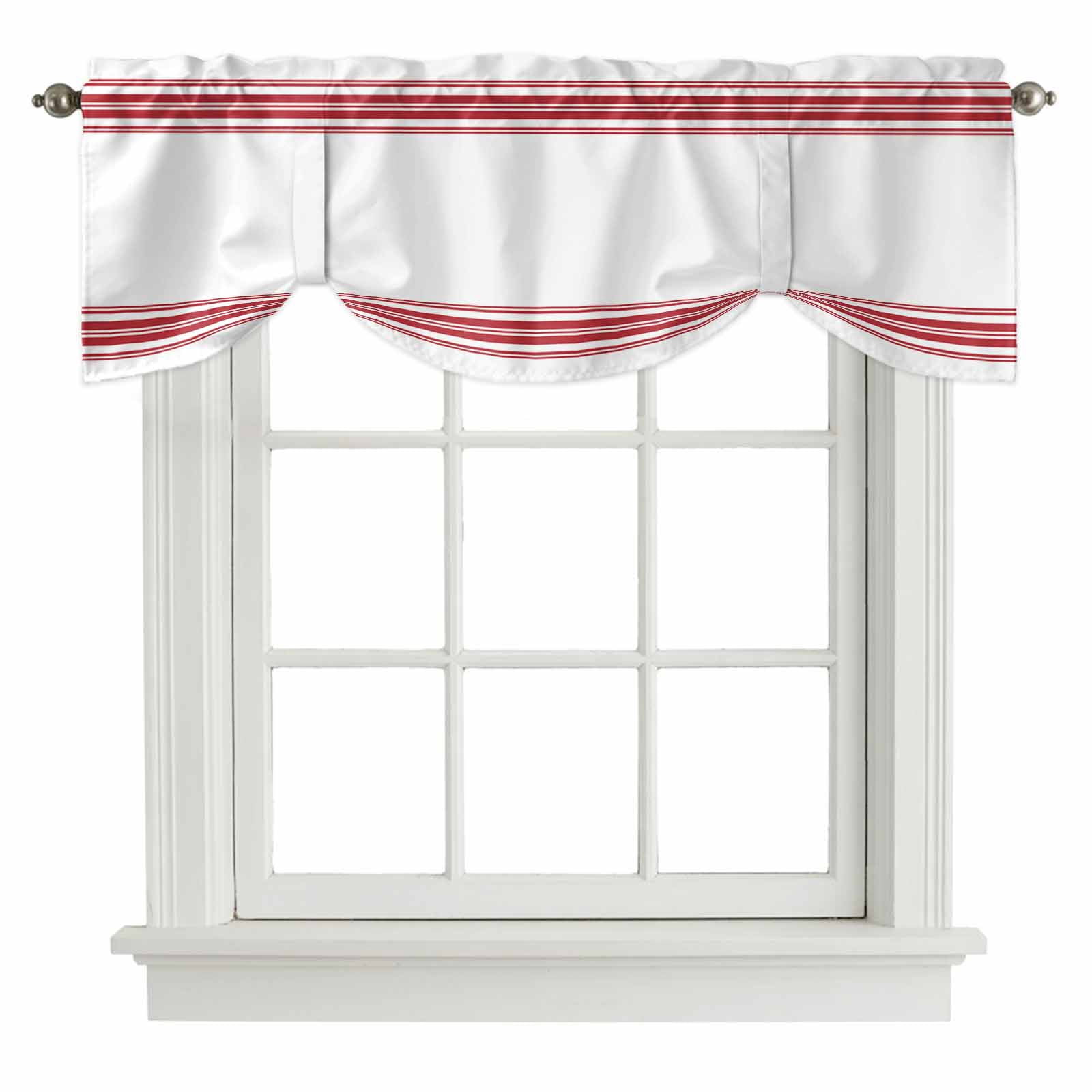 Farmhouse Red Tie Up Valances Curtain, Adjustable Kitchen Stripes Decoration Valances for Windows Decor, Rod Pocket Short Curtains Set for Bedroom/Bathroom, 60"x18"