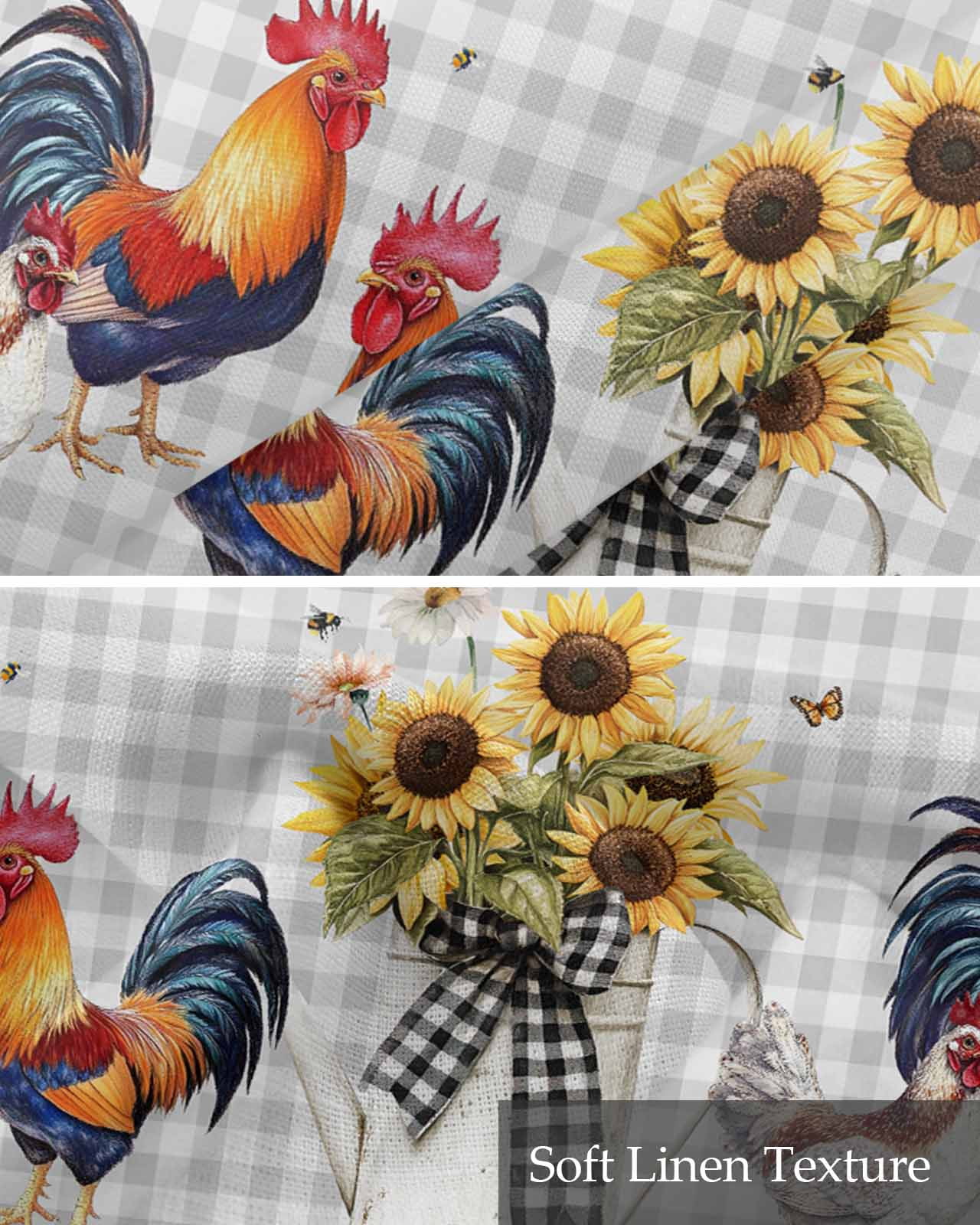 Chicken Sunflowers Kitchen Valances for Windows Farmhouse Linen Window Valance Curtain for Living Room Window Treatment Floral Butterfly Gray White Buffalo Plaid Valance Rod Pocket, 60 x 18 Inch