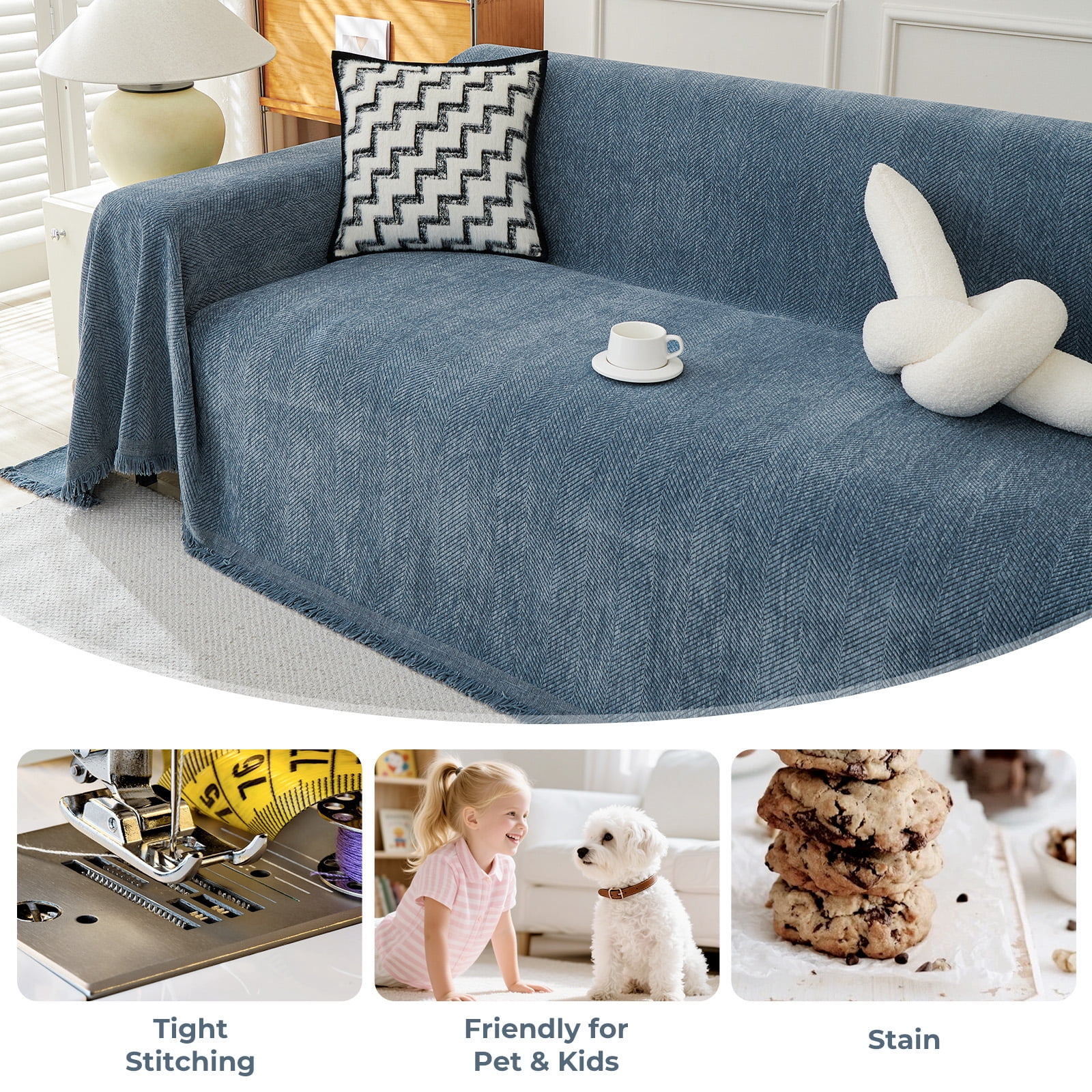 Sanmadrola Sofa Cover Non Slip Couch Cover for 3 Cushion Couch Machine Washable Furniture Protector for Dogs Pet Chenille Throw Slipcover Blanket for Living Room (Blue, 71"x118")