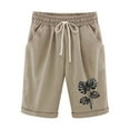 thumbnail image 3 of Pxkloy Women Casual Summer Bermuda Shorts Drawstring Wide Leg Cotton Linen Lounge Walking Athletic Lightweight Beach Shorts with Pockets Khaki,M, 3 of 4