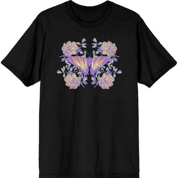 Vintage Floral Gradient Butterfly Adult Black Crew Neck Short Sleeve Tee-XS
