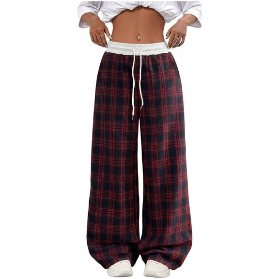 Admvng Women's Plaid Pants Plus Size Wide Leg Contrast Waistband Drawstring Streetwear Trousers