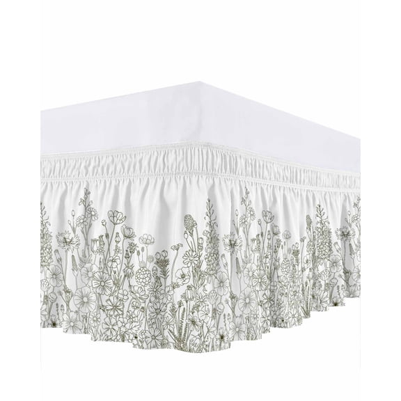 Herb Flower Farmhouse Garden Bed Skirt King Size 16 Inch Drop, Vintage Lines Adjustable Elastic Dust Ruffles Bedskirt for King Bed Wrap Around Pleated Mattress Frame Cover
