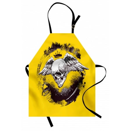 

Tattoo Apron The Death Angel Crowned Skull Drawing with Wide Magnificent Feather Wings Unisex Kitchen Bib Apron with Adjustable Neck for Cooking Baking Gardening Yellow Back and White by Ambesonne