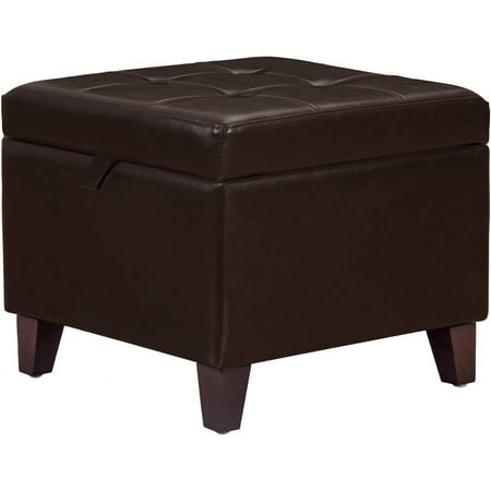 Adeco 18 Inch Modern Faux Leather Storage Ottoman with Wood Legs for Living Room, Tufted Accents Rectangular Bench for Foot Rest, Brown