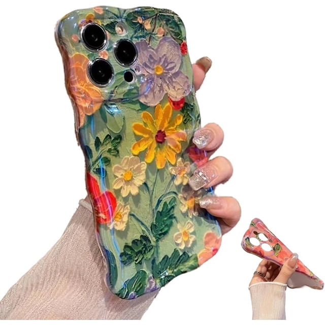 Lurvia Funda para teléfono, colorida pintura al óleo retro flor patrón de luna, funda protectora de TPU delgada a prueba de golpes, funda floral impermeable Airbag anti-caída (verde, para iPhone 15 Pr