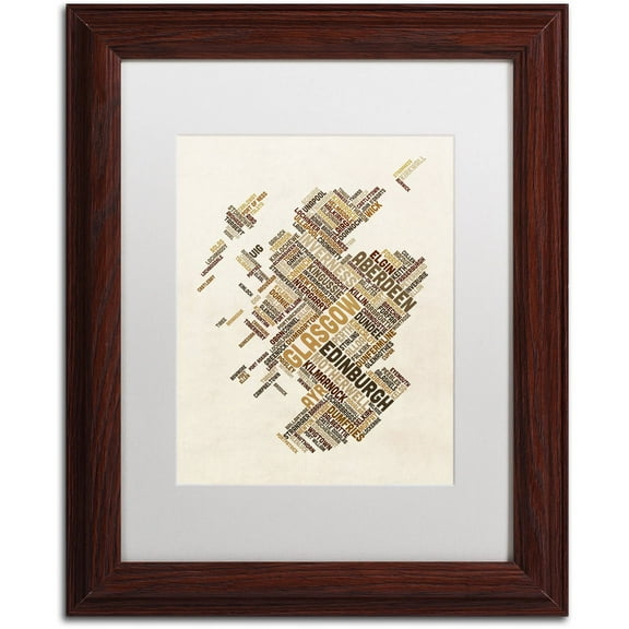 Trademark Fine Art "Scotland Typography Text Map 6" Canvas Art by Michael Tompsett, White Matte, Wood Frame
