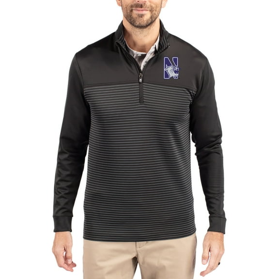 Men's-Cutter & Buck  Black Northwestern Wildcats Traverse Stretch Eco Stripe DryTec Tri-Blend Quarter-Zip Pullover