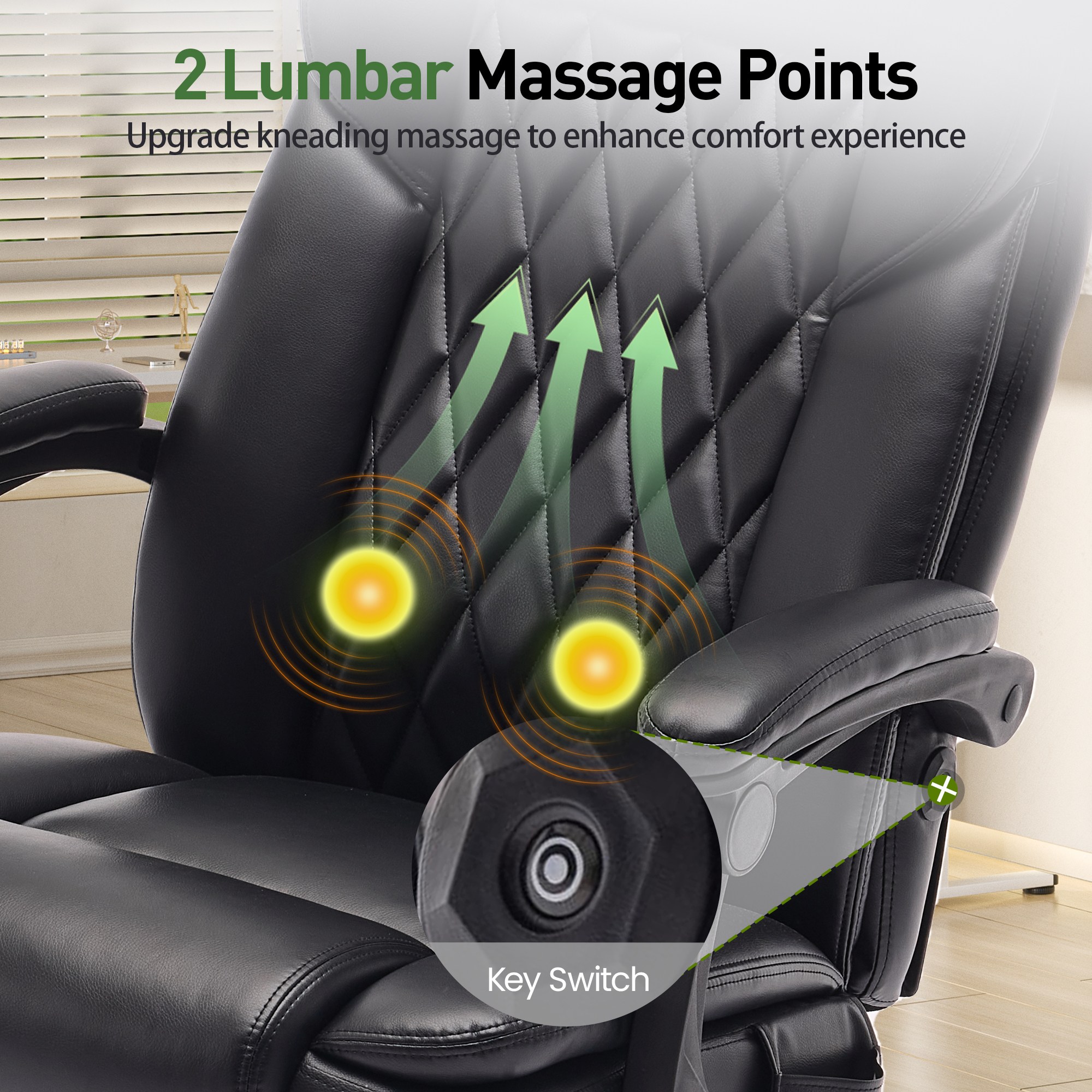 EOP Big and Tall Massage Office Chair, Faux Leather Ergonomic Computer Chair with Back Support Pillow, High Back Reclining Desk Chair for Heavy People, Black