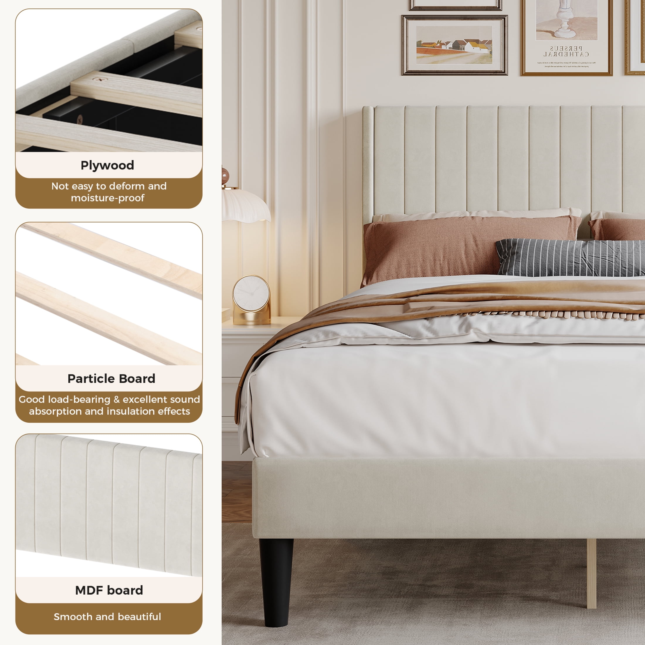 EDX Full Size Upholstered Platform Bed Frame with Padded Wingback Headboard, Modern Accent Bedroom Furniture, Beige Velvet
