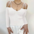 thumbnail image 2 of XFLWAM Women Spaghetti Straps Long Sleeve Ribbed Knit Top Off Shoulder V Neck Shirt Cold Shoulder Solid Color Slim Blouse White 3XL, 2 of 6