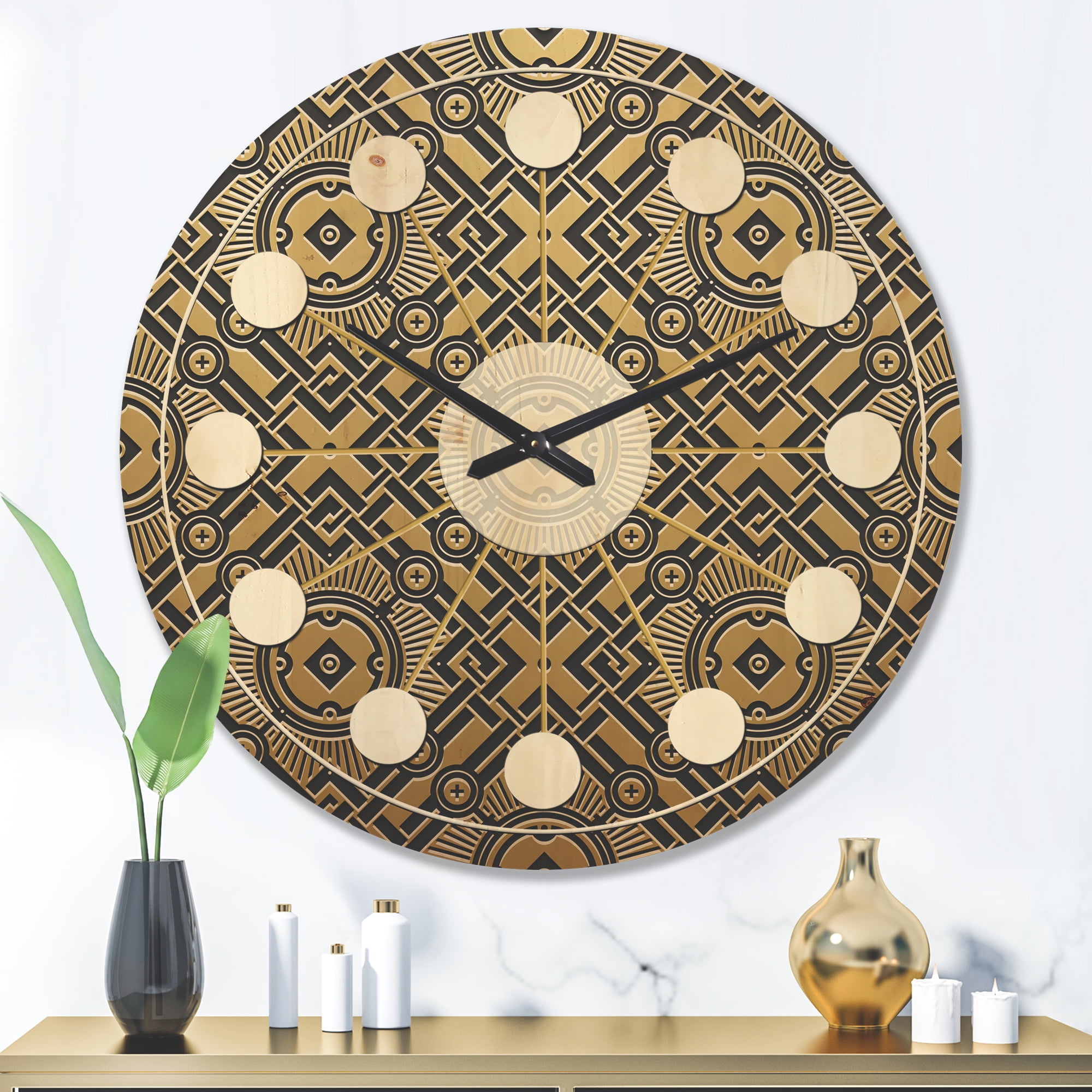 Designart 'Metallic Golden Luxury Geometrics XII XX' Mid-Century Modern Wood Wall Clock