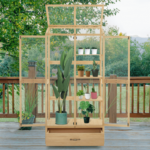 MCombo Cold Frame Greenhouse, Tall Wooden Greenhouse for Outdoor Indoor Use with Polycarbonate Panels, 3 Tier Garden Cold Frame with Drawer and Shelves, 0864