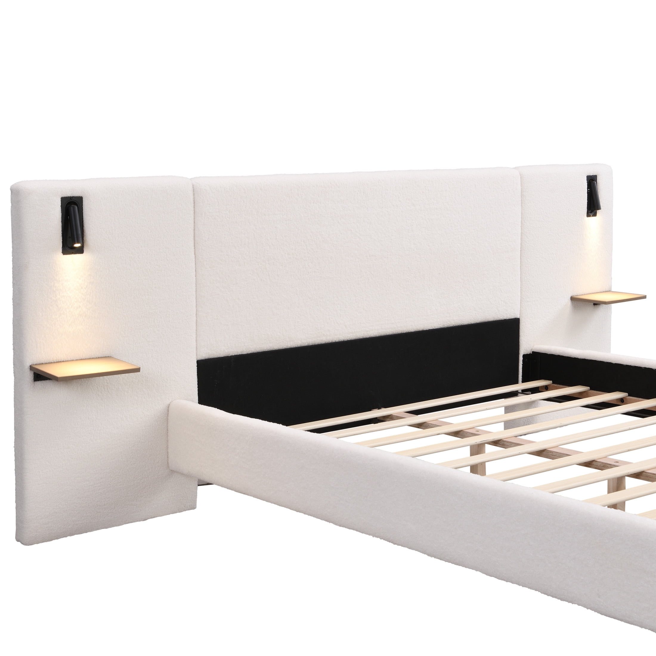 Christopher Knight Home Boucle Upholstered Queen Platform Bed with Reading Lights and Headboard Shelves, White