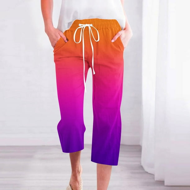 ICHUANYI Clearance Women's Casual Solid Elastic Waist Loose Long Pants With Pocket Capris(Orange, S) ICHUANYI WER2023081114766