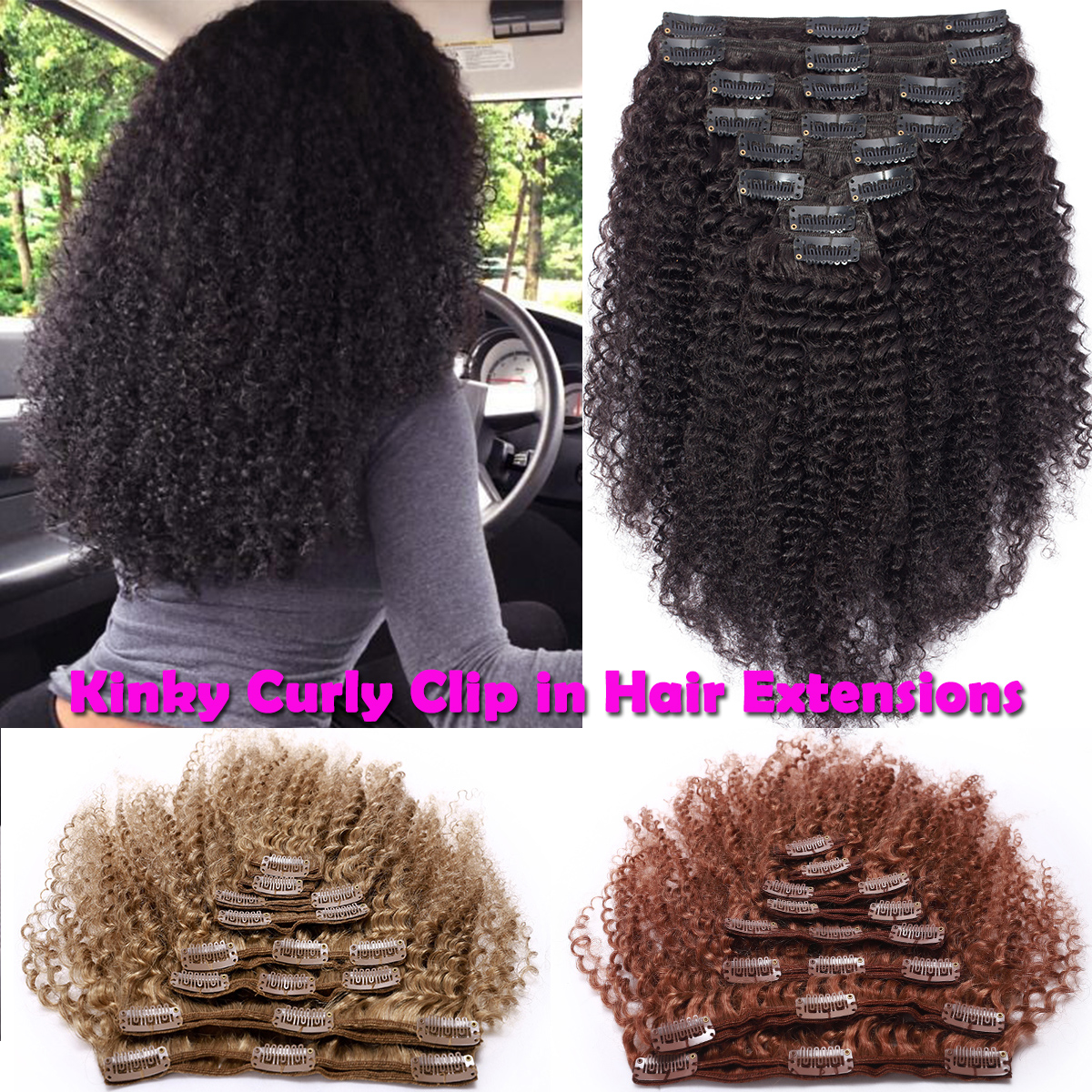 SEGO Kinky Curly Clip in Hair Extensions Real Human Hair for Women Thick Brazilian Hair Natural Black - image 1 of 8
