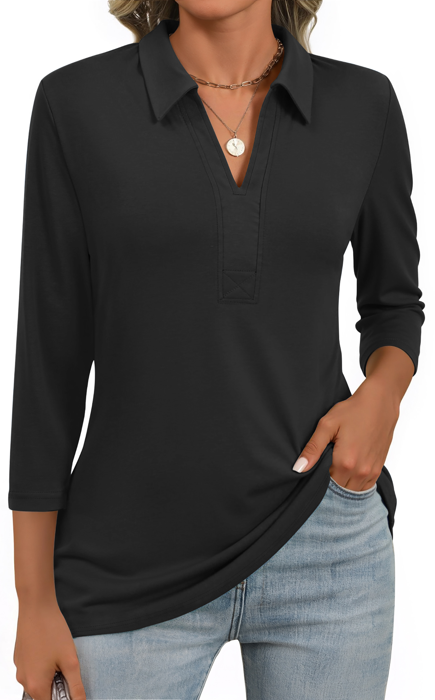 Fantaslook Womens Polo Shirts Business Casual 3/4 Sleeve Tops V Neck Dressy Work Blouses Office Clothes