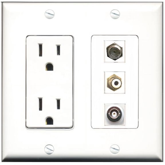 RiteAV - 15 Amp Power Outlet 1 Port RCA White 1 Port Coax 1 Port BNC Decorative Wall Plate