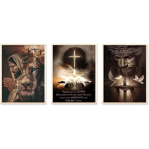 FCCUYE Jesus Wall Art Christian Catholic Canvas Prints Religious Cross Bible Picture Poster Painting Set of 3 God Lion Prayer Dark Wall Decor Artwork for Living Room Bedroom Church 12"x16" Framed