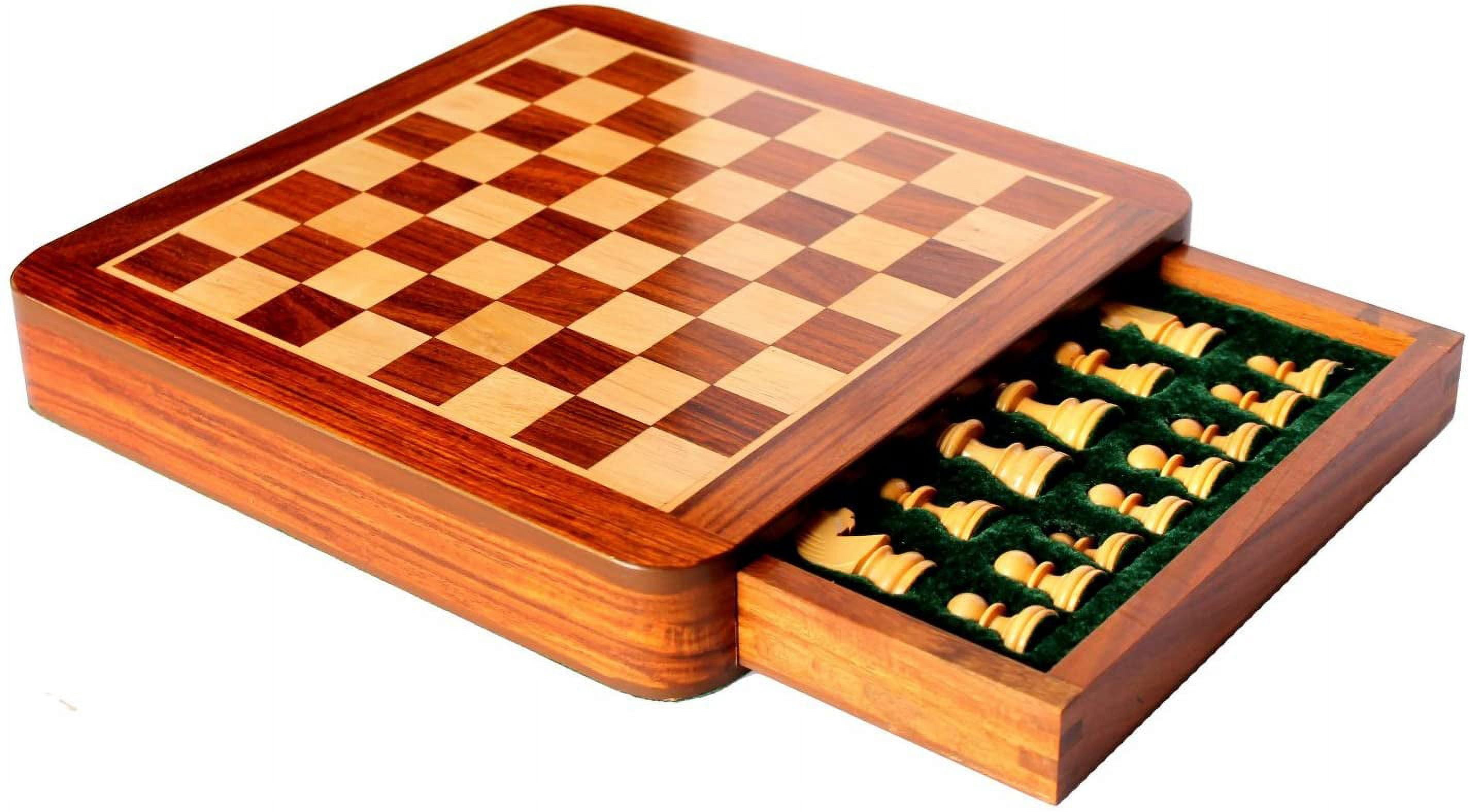 StonKraft 12" x 12" Collectible Wooden Drawer Chess Game Board Set + Wooden Crafted Chess Pieces - Flat Chess Board with Drawer