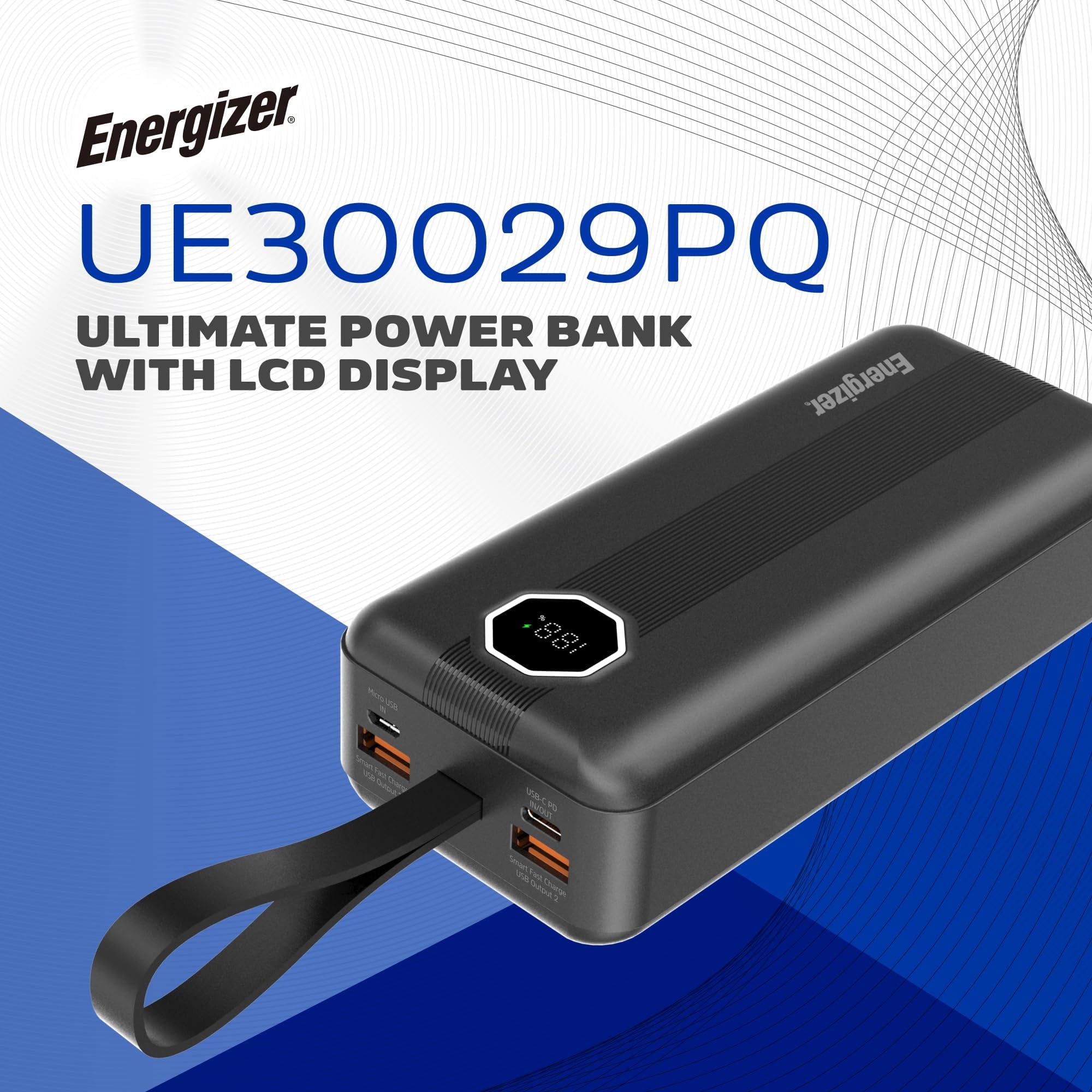 Energizer 30000mAh Power Bank with USB C 30W PD & USB A 22.5W Fast Charging, LCD Display, Triple Outputs for Multiple Devices, Perfect for iPhone, Samsung, Android Devices, Tablets_UE30029PQ