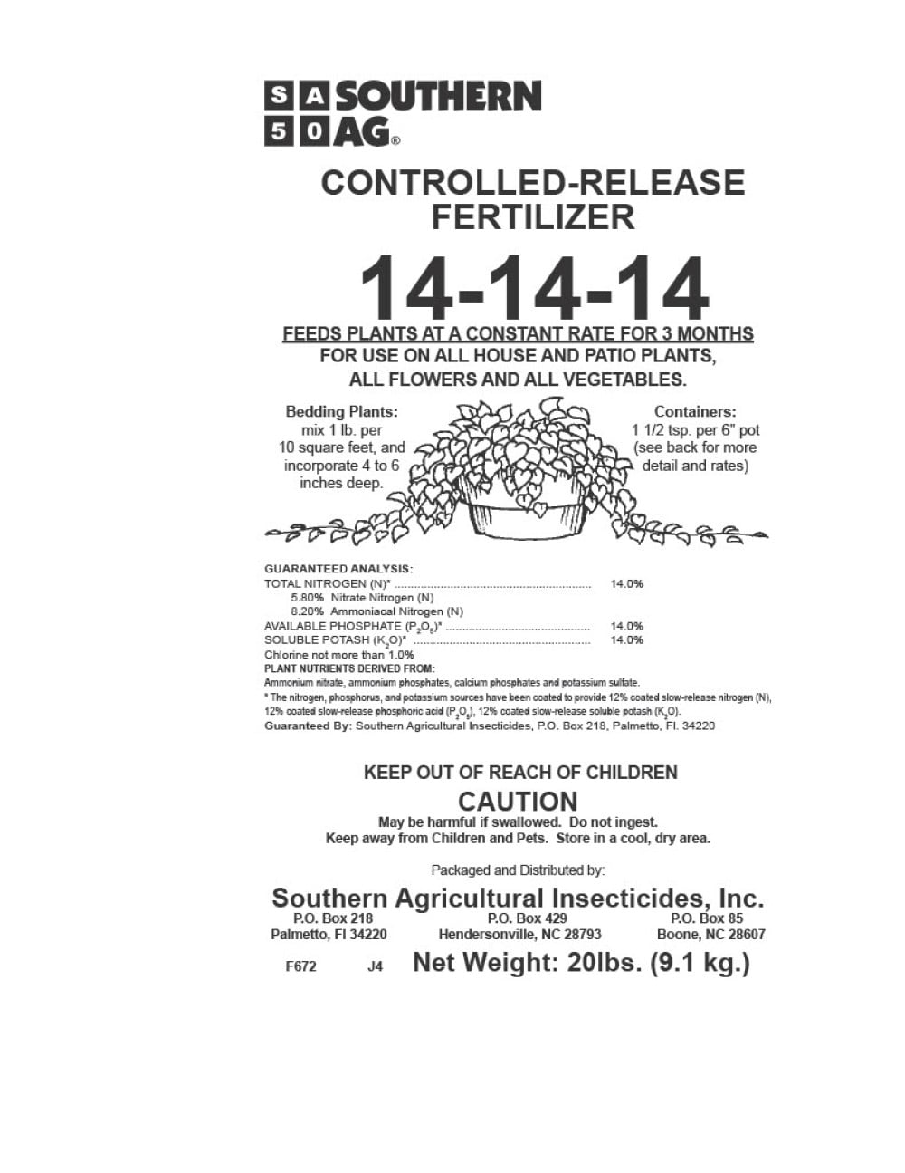 Controlled Release Fertilizer 14-14-14 - Feeds Plants Up To 3 Months - 5 lb Bag by Southern Ag