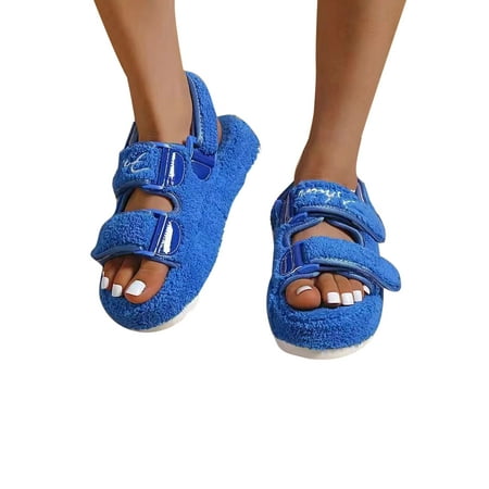 

Woobling Women Lightweight Plush Slide Sandal Platform Home Shoe Party Hook And Loop Fuzzy Sandals Blue 8.5