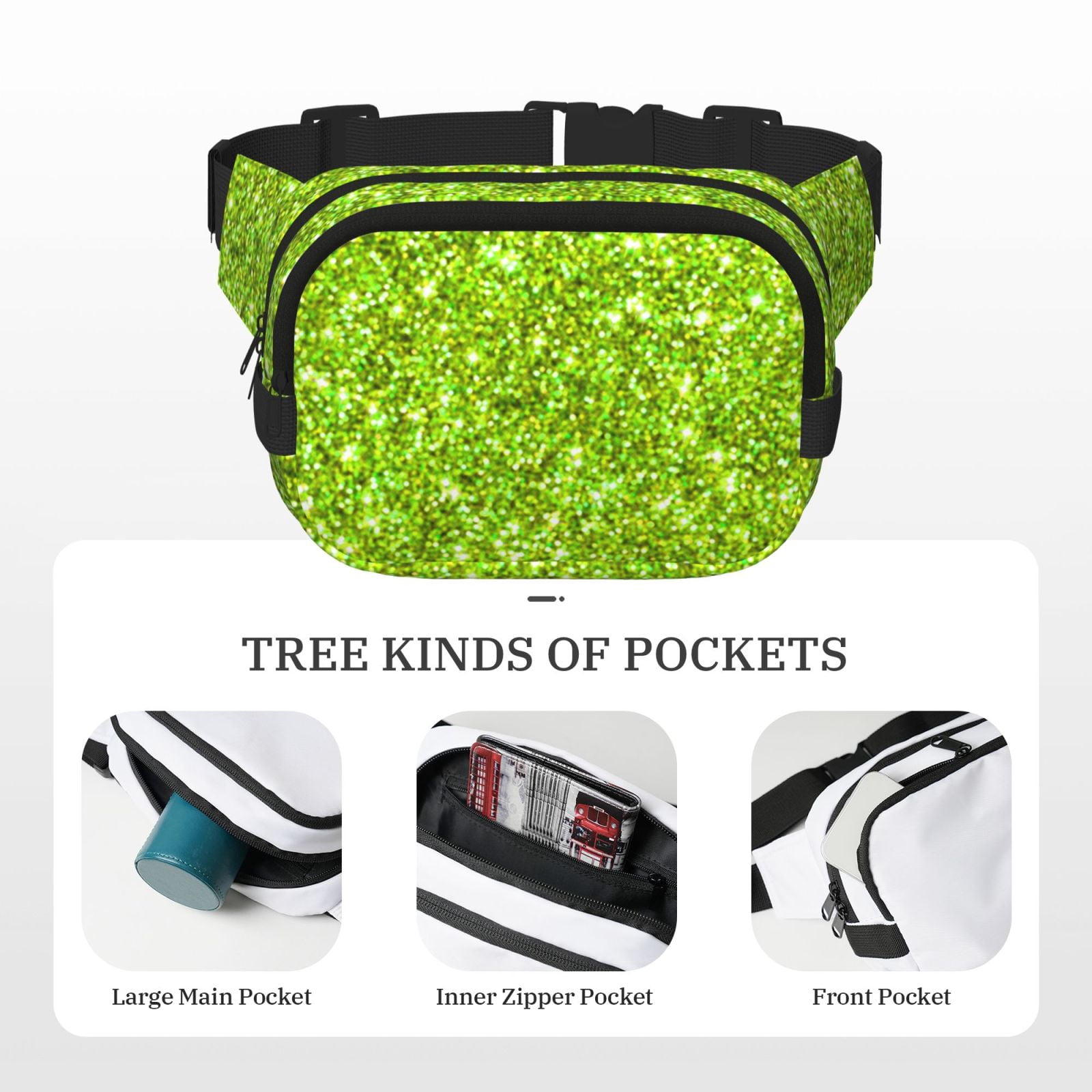 Ratiio Lime green glitter Pattern Square Double Layer Waist Bag, Durable Twill Fabric Waist Pack with Adjustable Belt,Outdoor Hiking, Running, Travel Waist Bag