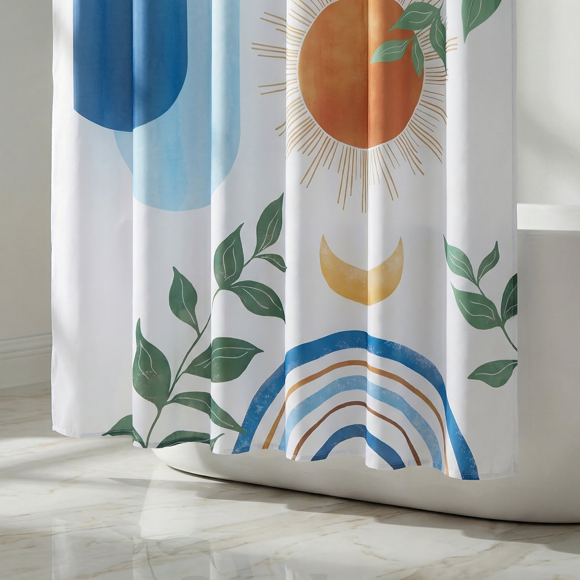 Unique Bargains Leaf Print Shower Curtain Bohemian Waterproof Set Blue Orange 71"W x 71"L