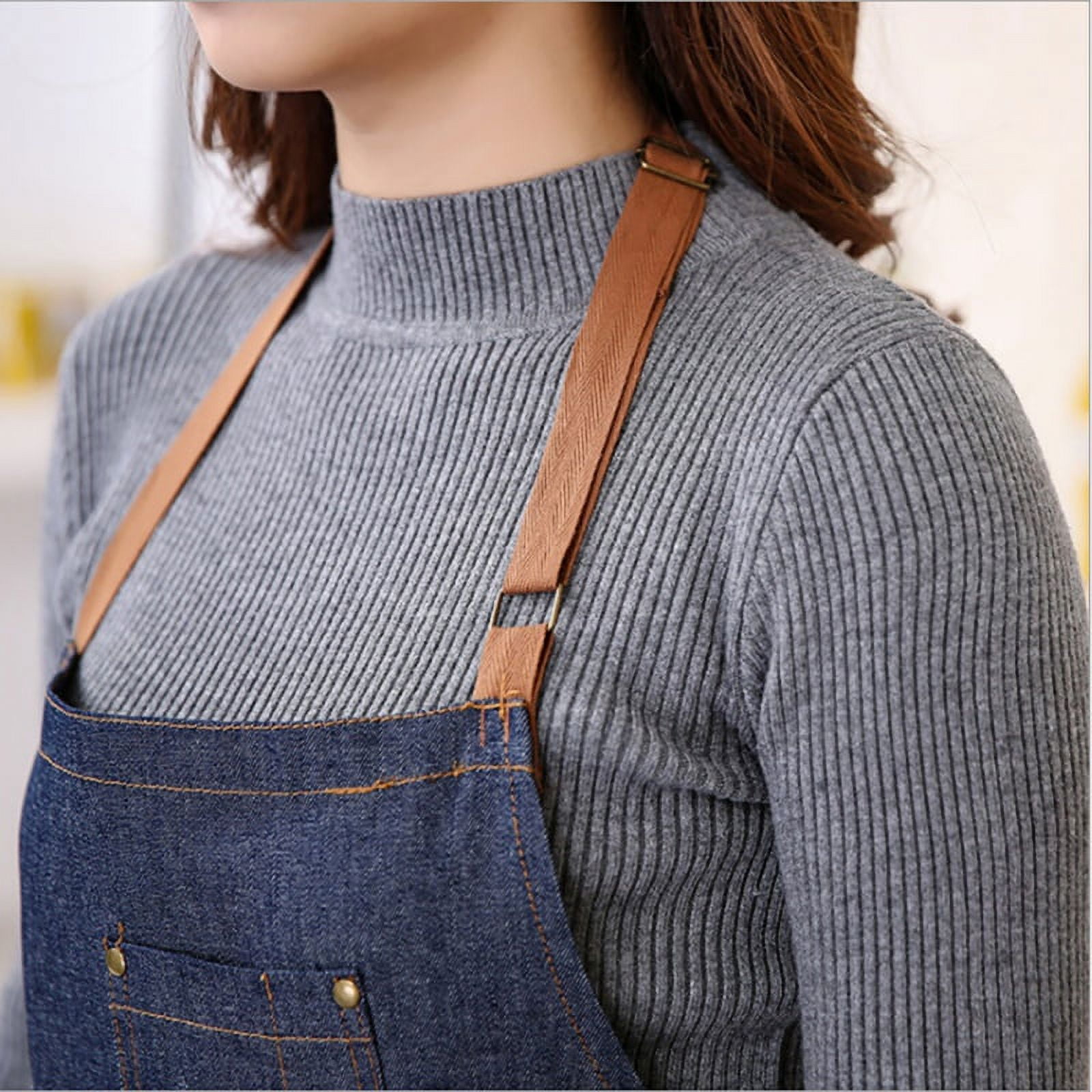 Andean Leather Denim Apron with Leather Straps, Jean Apron, Cooking Ap