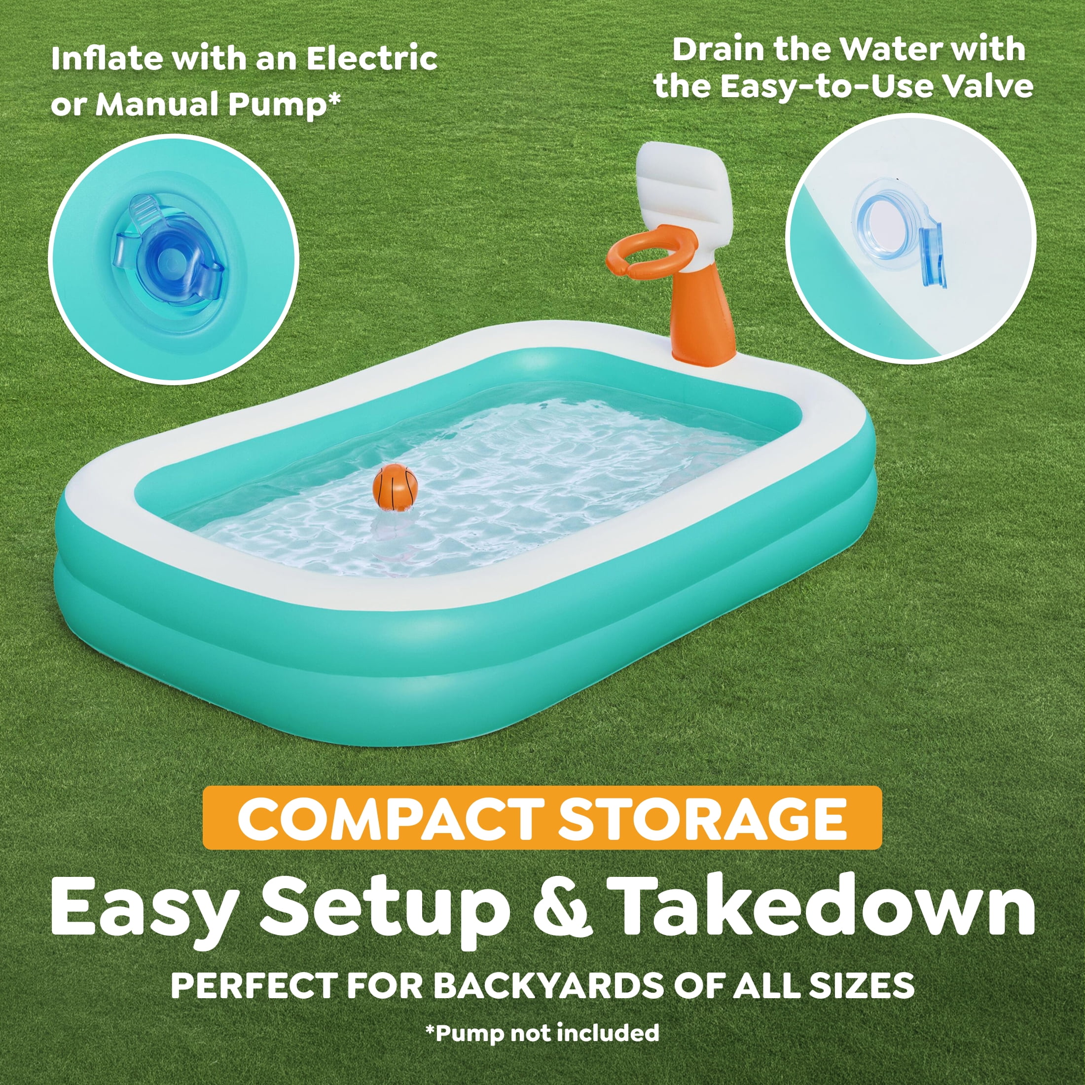 H2OGO! Inflatable Family Pool, Dunk'n Splash 8'3" x 66" x 40" Pool with Basketball Game