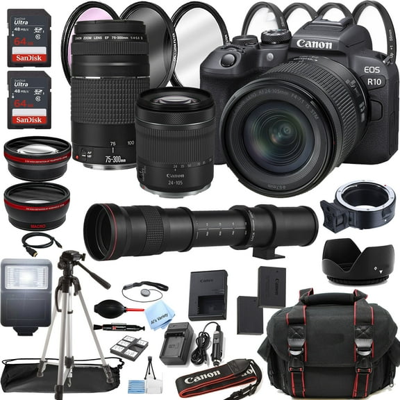 Canon EOS R10 Mirrorless Digital Camera with RF 24-105mm STM Lens   75-300mm Lens   420-800mm Super Telephoto Lens   128GB Memory   Case   Tripod   Filters 45pc Bundle (International Version)