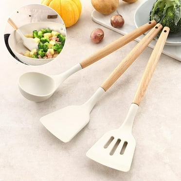 Gracefulvara 3PCS White Silicone Kitchenware Cooking Utensils Set Wooden Handle Non Lot G7