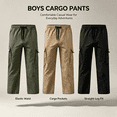 thumbnail image 3 of RQYYD Boys Cargo Pants Baggy Pull on Uniform Pants Casual Drawstring Elastic Waisted Open Bottom Straight Leg Trousers with Pockets, 3 of 6