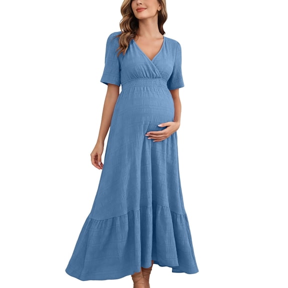 Women's Solid Short Sleeve Ruffle Maternity Sundress Evening Dress