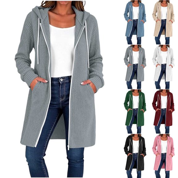 Women Long Vertical Ribbed Knit Hooded Sevevn Cardigan Full Zip Drawstring Dual Side Pockets Long Sleeve Casual Outer Coat For Spring Fall