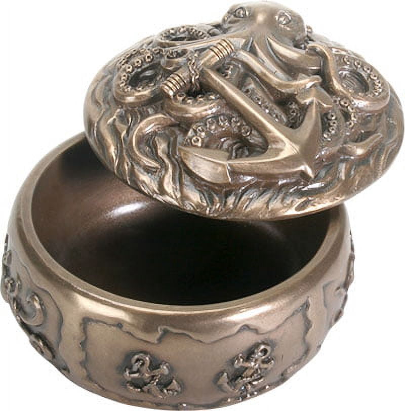Ebros Gift Kraken Octopus Decorative Round Jewelry Box 4" Diameter Figurine Nautical Anchor Giant Sea Monster Bronze Finish Resin