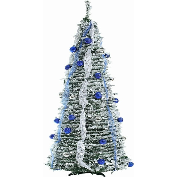 Premium 6ft Artificial Pre-Decorated Lighted Popup Christmas Tree with Hanging for Xmas Decoration (Blue & White)
