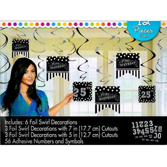 Birthday Black and White 'Chalkboard' Hanging Swirl Decorations (12pc)