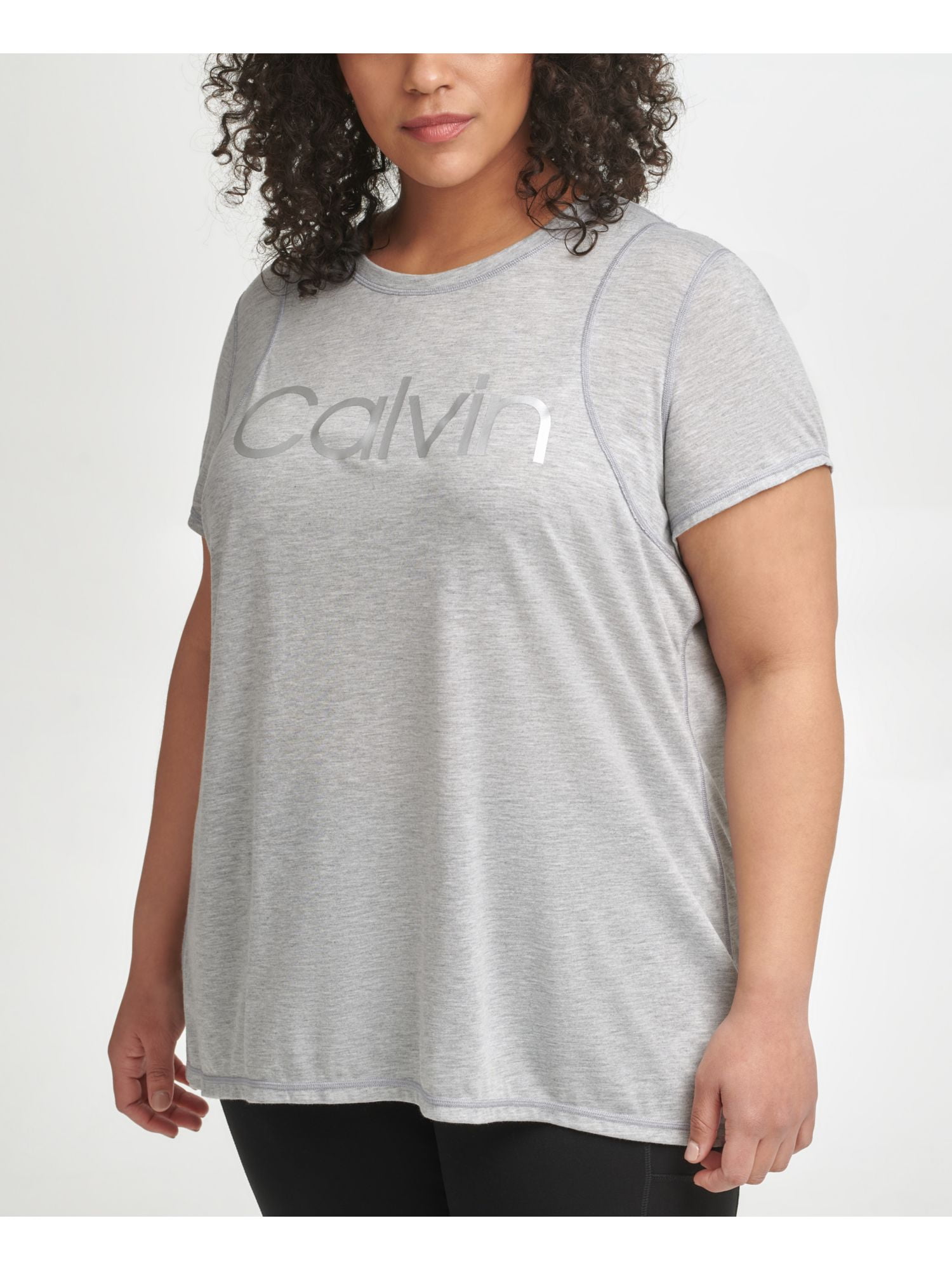 T-Shirt Fit Gray Neck Womens Plus Logo Pleated Crew Metallic Graphic CALVIN Relaxed 3X Short KLEIN Sleeve