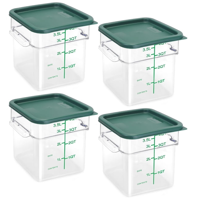TSUBOR 4 Pack Food Storage Containers with Green Lids, 4.0 Qt - Square, Clear, Polycarbonate, for Restaurant Commercial Kitchen a