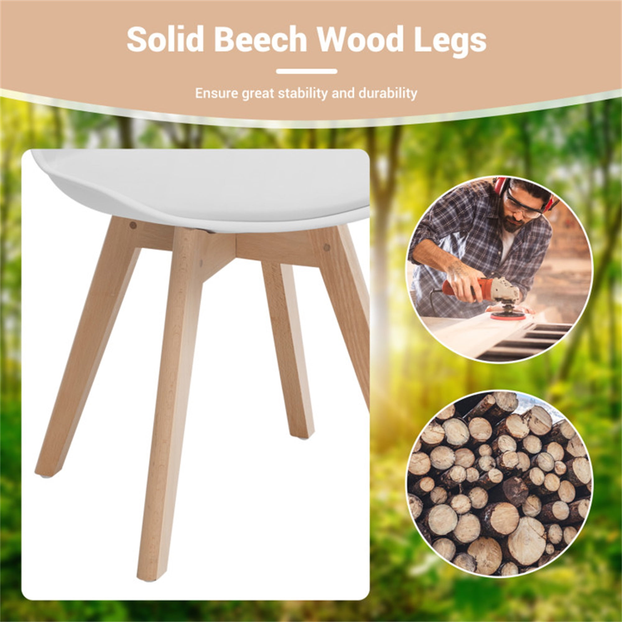 Demi Bonn Set of 4 Dining Chairs Mid-Century Modern Shell PU Seat with Wooden Legs, White