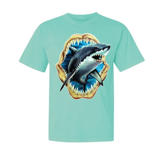 Wild Bobby, Ocean Shark Big Mouth, Fishing, Garment-Dyed Washed Look Short Sleeve Tees, Mint, Medium