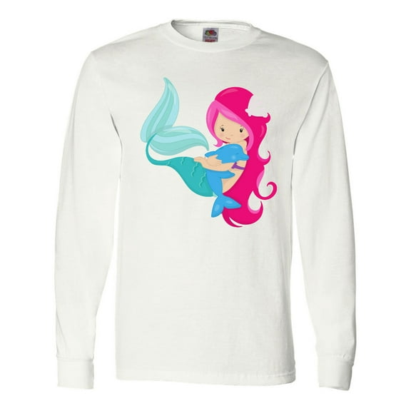 Inktastic Mermaid And Dolphin, Mermaid With Pink Hair Long Sleeve T-Shirt